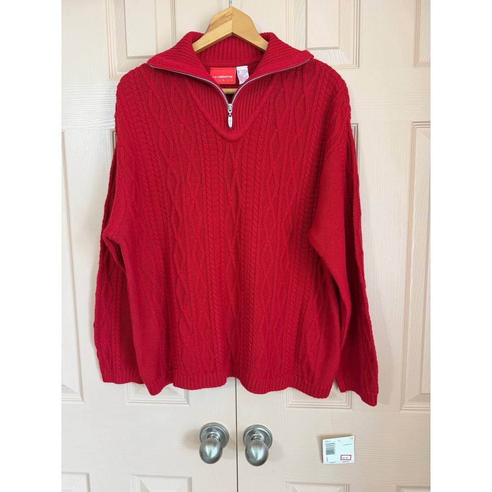 NWT Liz Claiborne Red Cable Knit Quarter Zip 100% Cotton Sweater Large Gift